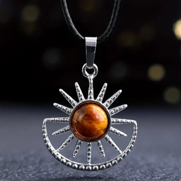 Tiger Eye Natural Stone Sun Sunflower Pendant Hollow Pattern Gemstone Necklace - Picture 1 of 2